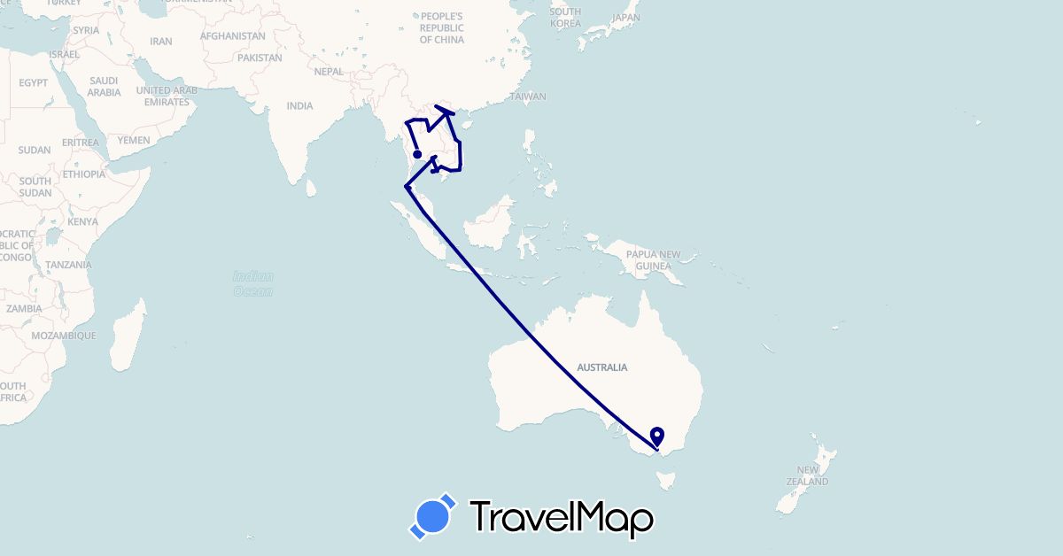 TravelMap itinerary: driving in Australia, Cambodia, Laos, Malaysia, Thailand, Vietnam (Asia, Oceania)